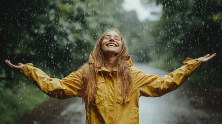 Girl in a raincoat and boots standing in heavy rain, big smile on her face, enjoying the momentの素材