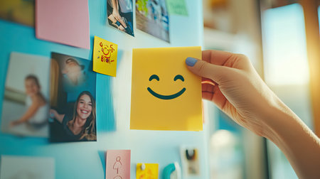 Hand placing a sticky note with a smiley face on a fridge, surrounded by family photos and colorful magnetsの素材