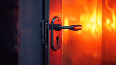 Metal door frame on a fire door with open handle, capturing safety features and strength.の素材