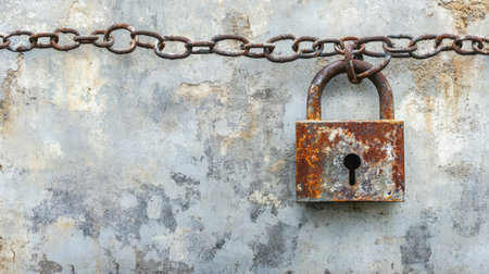 Padlock and chains against a grunge wall, symbolizing urban security with a gritty, industrial feel.の素材
