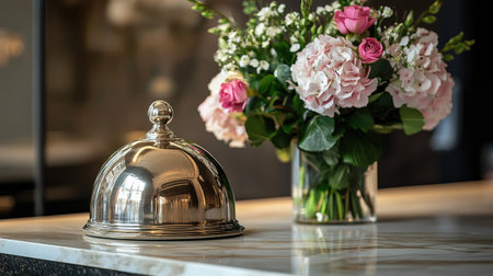 Service bell on a marble countertop with flowers in the background, suggesting elegance and hospitality.の素材
