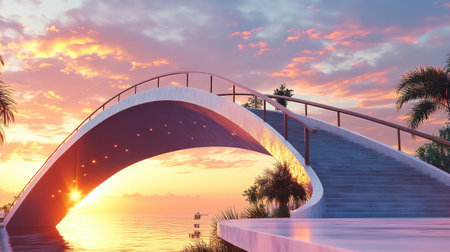 Modern bridge arching against a sunset sky, showcasing elegant design with warm hues in the background.の素材