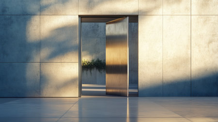 Metal door frame open with light reflecting off its surface, suggesting durability and sleek design.の素材
