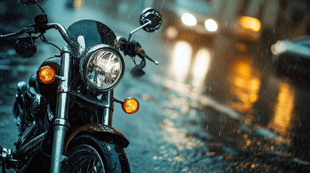 Motorcycle parked on a rainy street, water dripping off its handlebars as the heavy rain pours downの素材
