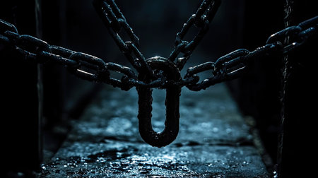Padlock and chains highlighted by headlights in the darkness, creating suspense and intrigue.の素材