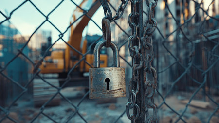 Padlock and chains on a construction site fence, representing restricted access and worksite safety.の素材