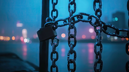 Padlock securing thick chains on a gate, with a blurred city background representing urban security.の素材