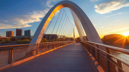 Modern bridge arching against a sunset sky, showcasing elegant design with warm hues in the background.の素材