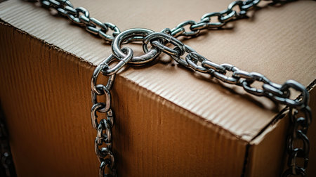 Padlock and chains encircling a cardboard box, representing fragile items or shipments under secure handling.の素材