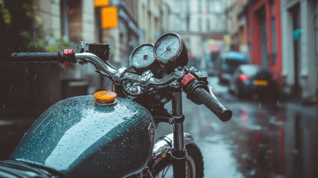 Motorcycle parked on a rainy street, water dripping off its handlebars as the heavy rain pours downの素材