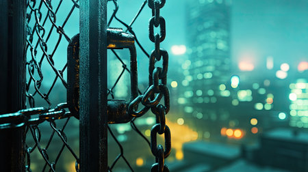 Padlock securing thick chains on a gate, with a blurred city background representing urban security.の素材