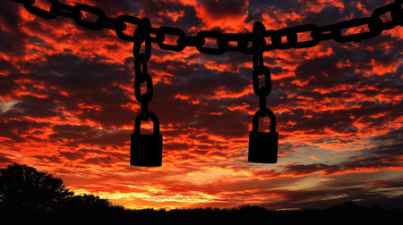 Padlock and chains silhouetted against a vibrant sunset, hinting at hope beyond barriers.の素材