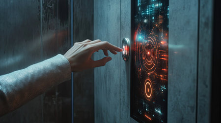 Person pressing a button on an elevator panel with an LED floor display, modern style with metallic finishesの素材