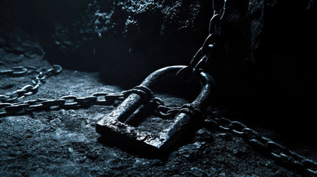 Padlock and chains highlighted by headlights in the darkness, creating suspense and intrigue.の素材