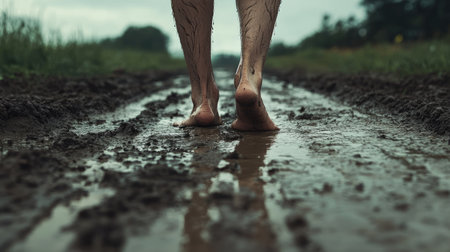 Person standing barefoot in the rain on a dirt road, mud and puddles all around. Raw and grounded sceneの素材