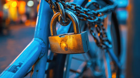 Padlock and chains on a bike in a vibrant urban setting, showcasing everyday security in city life.の素材