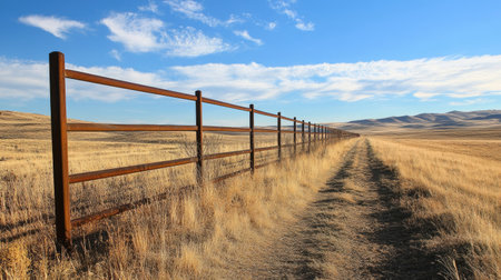 Perspective shot of a long metal fence stretching into the distance, evoking a sense of restriction.の素材
