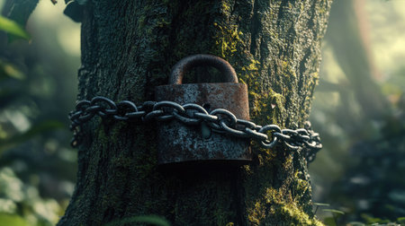 Padlock and chains wrapped around a tree, symbolizing environmental protection or restricted access to nature.の素材