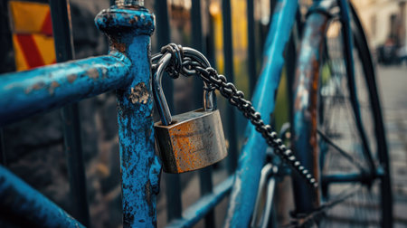 Padlock and chains on a bike in a vibrant urban setting, showcasing everyday security in city life.の素材
