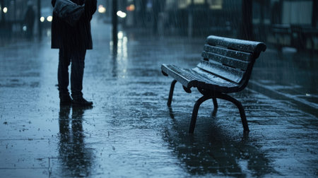 Person standing at a bus station during a rainstorm, puddles forming around their feet, wet bench beside themの素材