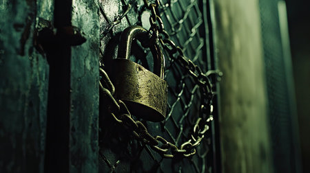 Padlock and chains on a dimly lit metal fence, creating a mysterious atmosphere with a sense of restriction.の素材