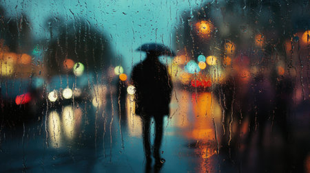 Person standing by a window as rain pours down, raindrops blurring their reflection in the glass. Reflective and moodyの素材