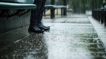Person standing at a bus station during a rainstorm, puddles forming around their feet, wet bench beside themの素材