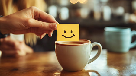 Person placing a smiley face sticky note on a friend's coffee cup as a morning pick-me-upの素材
