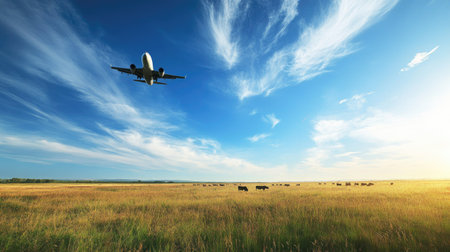 Plane flying above an open field with grazing cattle, under a big, blue sky filled with wispy clouds. Rural and calmの素材