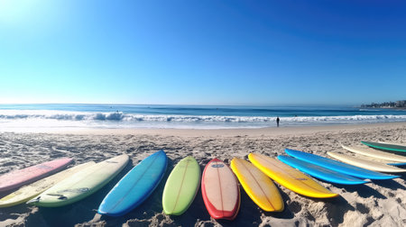 Multiple surfboards arranged in a semi-circle on the beach, ready for a surfing lesson under a bright, clear skyの素材