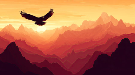 Silhouette of an eagle flying over a mountain range at sunrise, with warm light illuminating the peaks belowの素材
