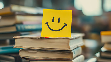 Smiley face sticky note in a stack of textbooks, a cheerful reminder for students in a study sessionの素材
