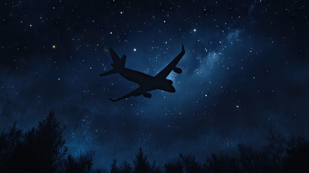 Silhouette of a plane flying above against a starry night sky, with faint clouds and a hint of moonlight illuminating the sceneの素材