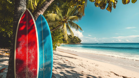 Red and blue surfboards propped against each other on a sunny beach, with vibrant tropical landscape aroundの素材