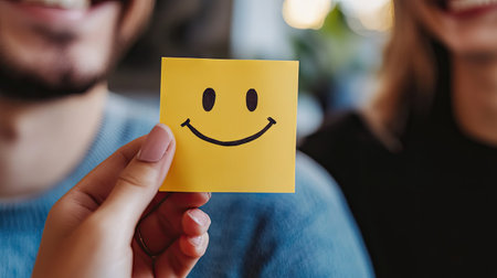 Person holding a sticky note with a smiley face and placing it on their friend's shoulder as a cheerful surpriseの素材