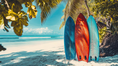 Red and blue surfboards propped against each other on a sunny beach, with vibrant tropical landscape aroundの素材