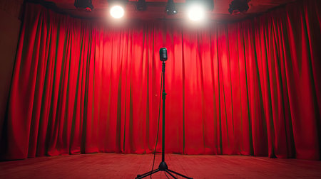 Simple, dramatic stage setup with red curtains, microphone, and soft overhead spotlight. Timeless performance feelの素材
