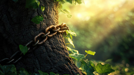 Padlock and chains wrapped around a tree, symbolizing environmental protection or restricted access to nature.の素材