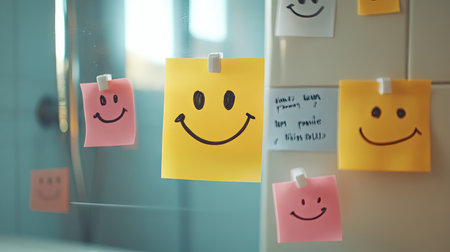 Smiley face sticky note on a bathroom mirror, with motivational messages surrounding it. Bright and uplifting sceneの素材