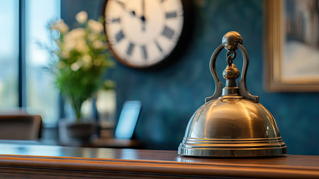 Service bell on a front desk with a vintage clock in the background, suggesting timeless, reliable service.の素材