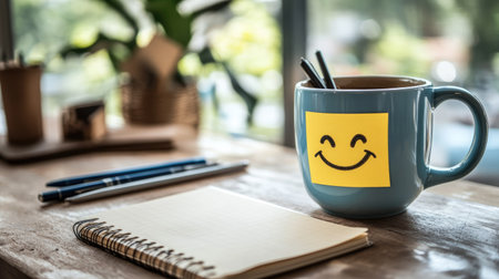 Smiley face sticky note on a notebook, pens and coffee mug nearby, creating a cozy and positive workspaceの素材