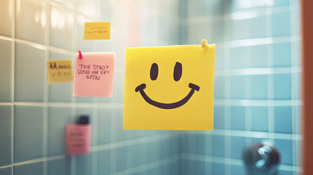 Smiley face sticky note on a bathroom mirror, with motivational messages surrounding it. Bright and uplifting sceneの素材