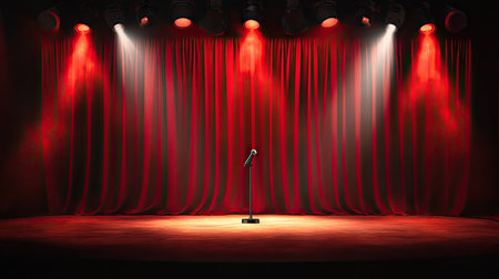 Red curtain illuminated by spotlights with microphone on stand in the center. A stage ready for a big performanceの素材