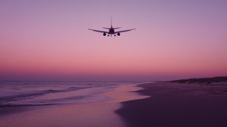 Plane flying above an empty beach at twilight, with the sky in shades of pink and purple, adding a serene atmosphereの素材