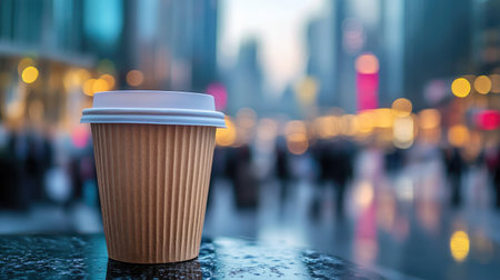 A paper coffee cup in focus with a bustling cityscape blurred in the background, capturing an urban vibeの素材