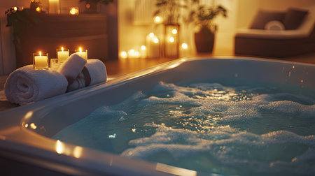 Relaxing whirlpool in a cozy spa, with bathrobes and scented candles enhancing the ambianceの素材