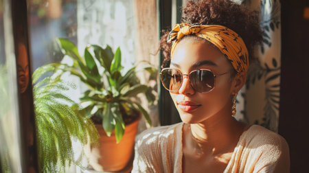 Woman with a headband and sunglasses, standing by a window with a potted plant, enjoying natural light and a warm atmosphereの素材