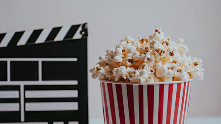 Red-and-white popcorn bucket overflowing with popcorn next to a classic black-and-white film clapperboard on a white backgroundの素材