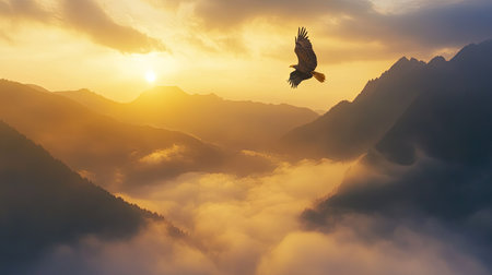 Bald eagle gliding over a misty mountain valley at sunrise, golden light illuminating the clouds and peaks belowの素材
