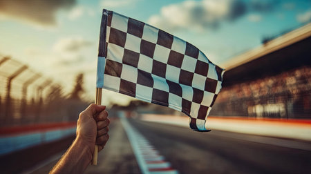 Close-up of a hand gripping a checkered flag, ready to wave, symbolizing competition and excitement.の素材